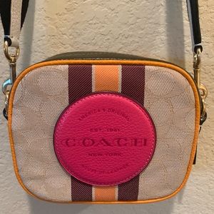 Coach Mini Dempsey Camera Bag In Signature Jacquard With Stripe And Coach Patch